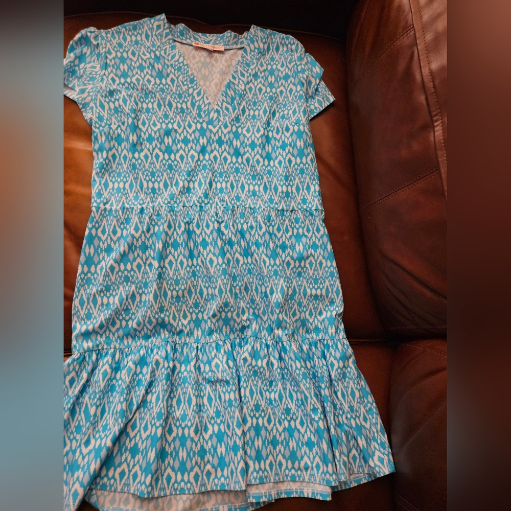 Jude Connally Aqua and White Patterned Mini Dress M Medium